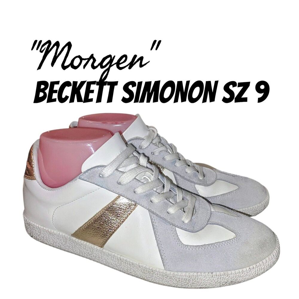 Beckett Simonon Morgen Sz 9 White Distressed Gold Leather Suede Trainers Shoes